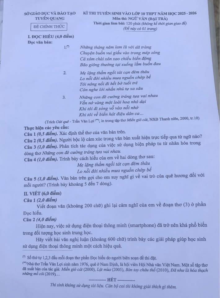 Đề Ngữ văn thi vào lớp 10 tỉnh Tuyên Quang năm 2025. Ảnh: Minh Châu