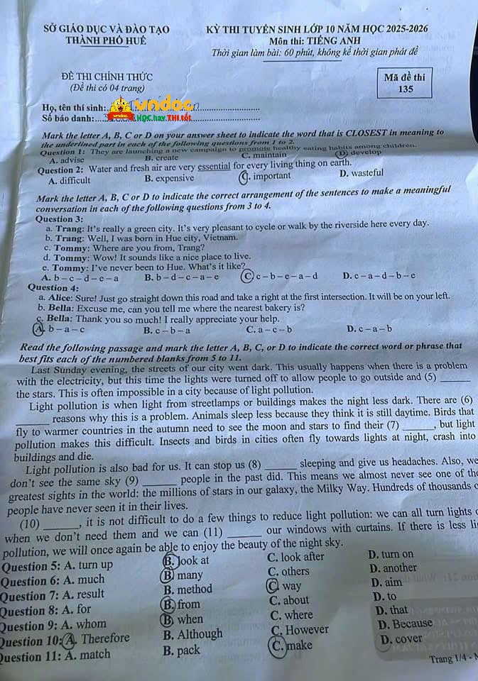 Đề thi tuyển sinh vào lớp 10 môn tiếng Anh Huế minh họa 1