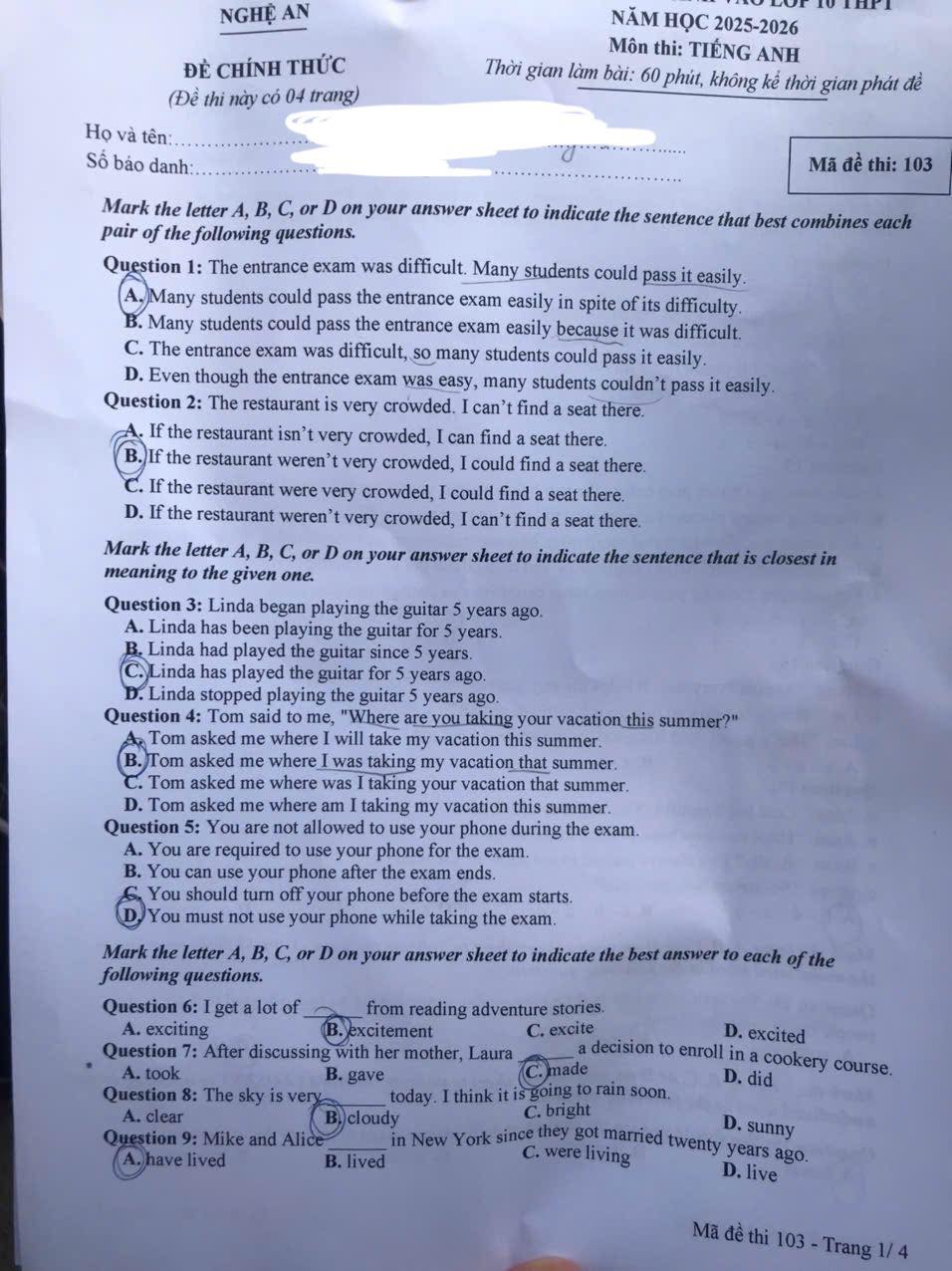 Đề thi tuyển sinh vào lớp 10 môn tiếng Anh Nghệ An Chính thức 2025 minh họa 1