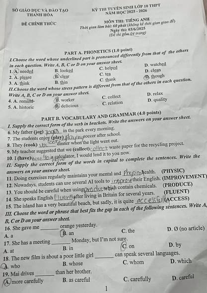 Đề thi tuyển sinh vào lớp 10 môn tiếng Anh Thanh Hóa minh họa 1