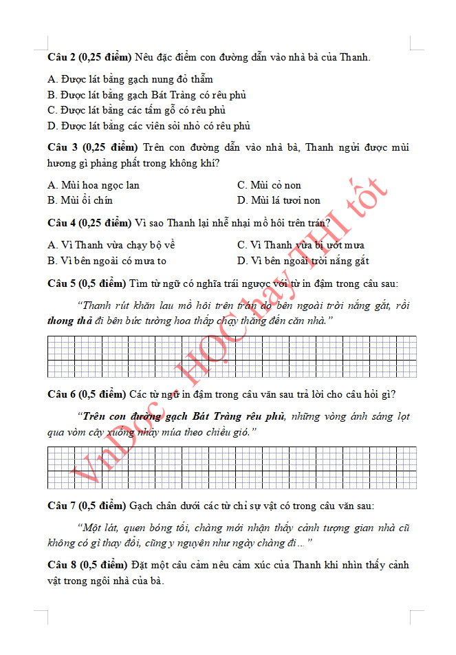 Đề ôn tập hè lớp 3 lên lớp 4 môn Tiếng Việt