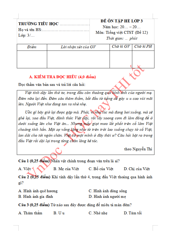 Đề ôn tập hè lớp 3 lên lớp 4 môn Tiếng Việt