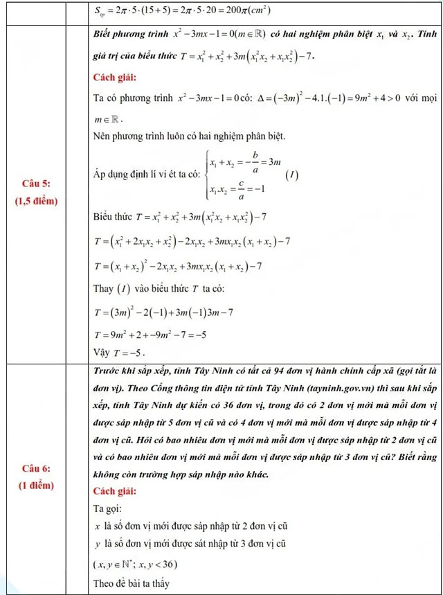 Đáp án đề thi vào lớp 10 môn Toán Tây Ninh