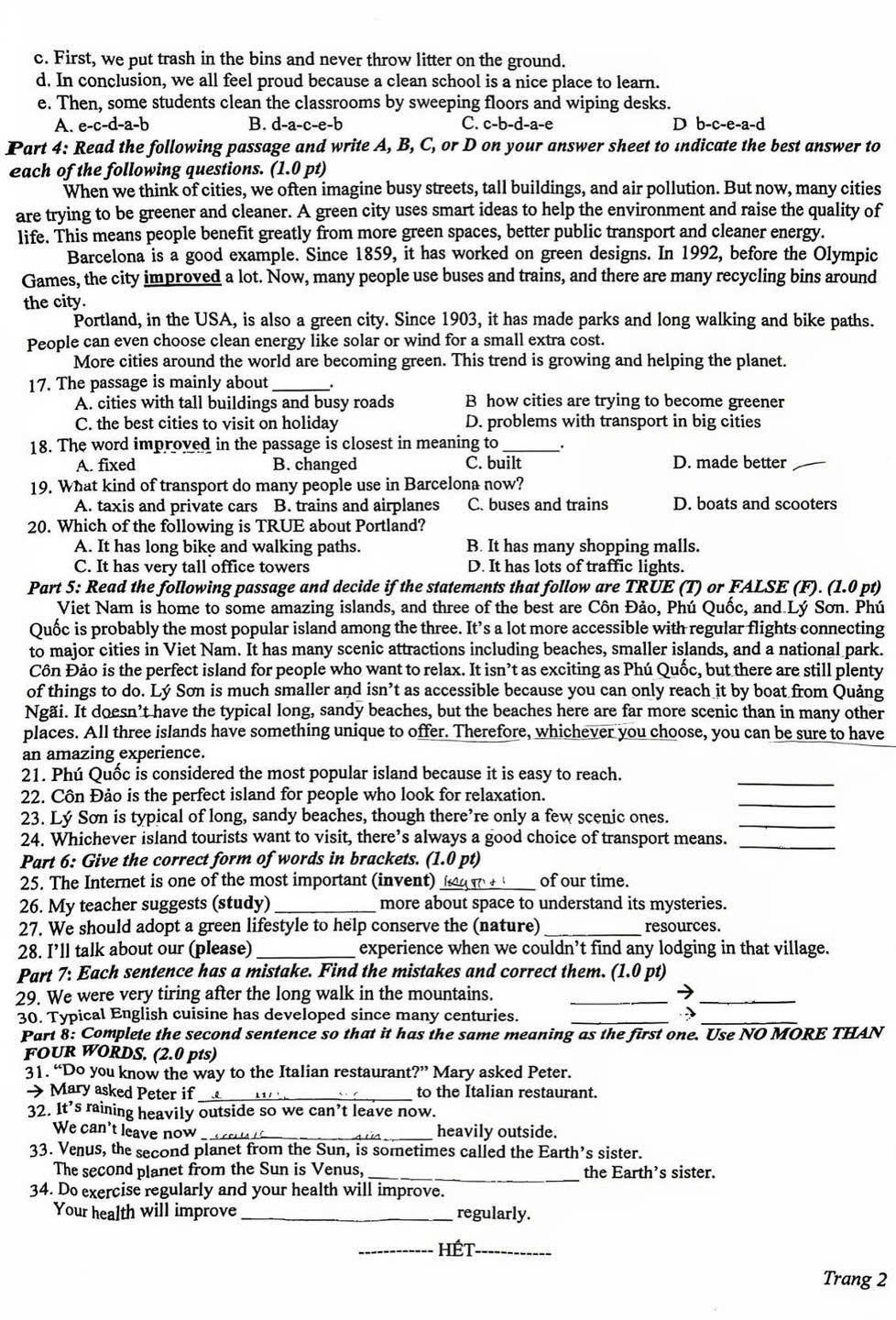 Đề thi tuyển sinh vào lớp 10 môn tiếng Anh Bình Định Chính thức 2025 minh họa 2