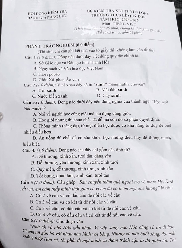 Đề thi vào lớp 6 môn Tiếng Việt trường THCS Lê Quý Đôn