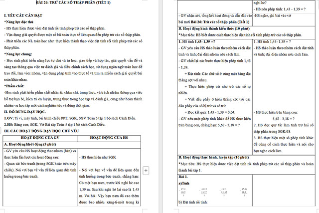 Giáo án Toán 5 Trừ các số thập phân