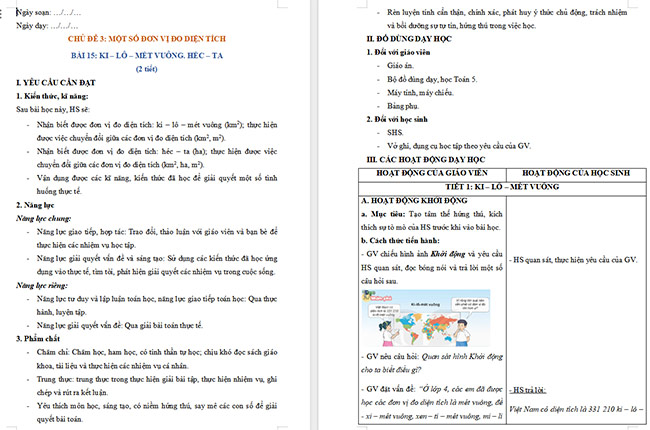 Giáo án Toán 5 Ki-lô-mét vuông. Héc-ta