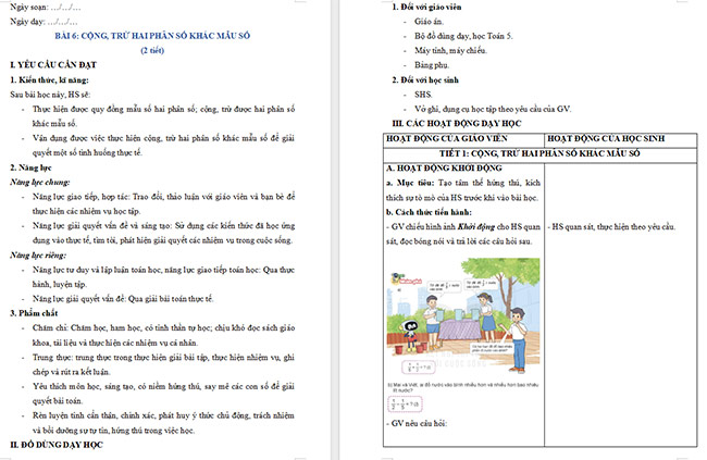Giáo án Toán 5 Cộng, trừ hai phân số khác mẫu số