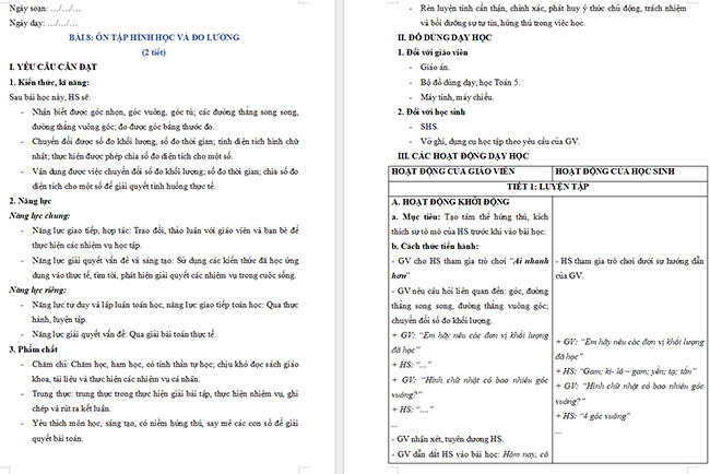 Giáo án Toán 5 Ôn tập hình học và đo lường