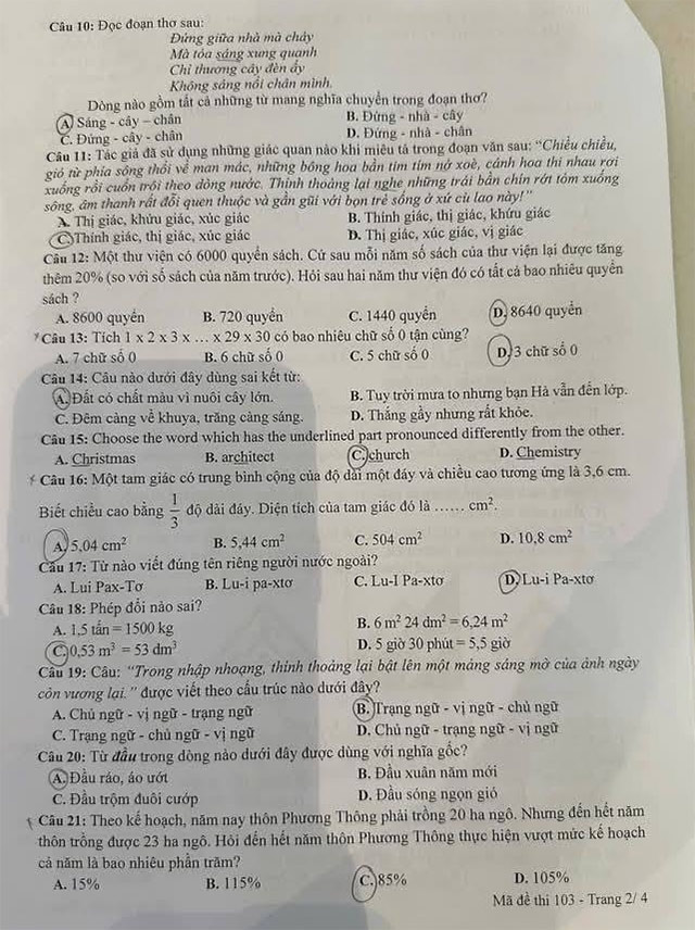 Đề thi vào lớp 6 CLC Thành phố Hưng Yên