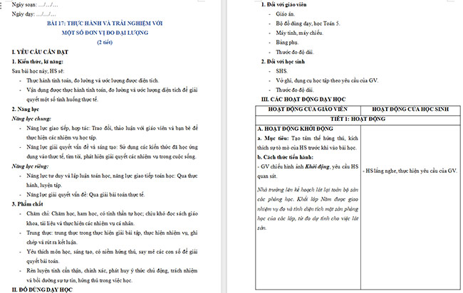 Giáo án Toán 5 Thực hành và trải nghiệm với một số đơn vị đo đại lượng
