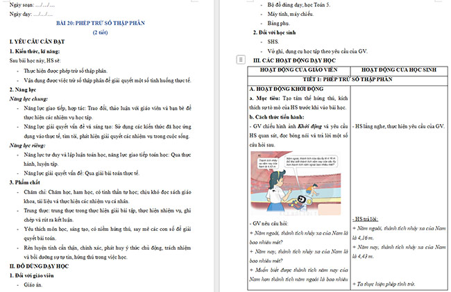 Giáo án Toán 5  Phép trừ số thập phân