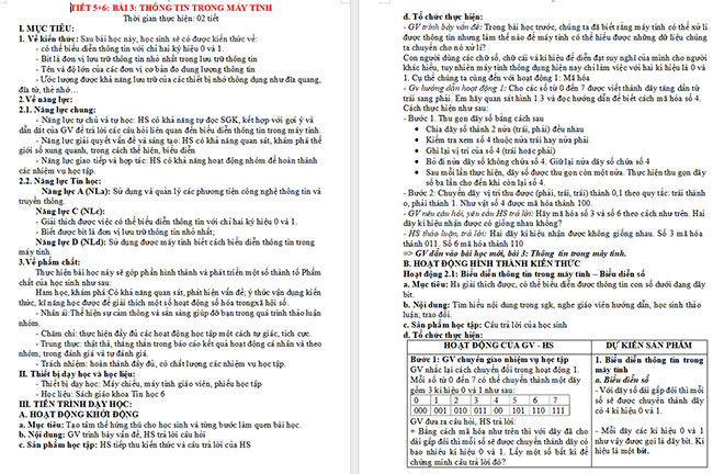 Giáo án Tin học 6 Thông tin trong máy tính