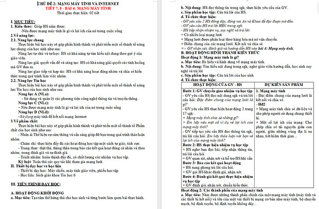 Giáo án Tin học 6 Mạng máy tính