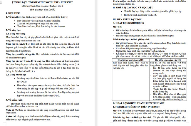 Giáo án Tin học 6 Tìm kiếm thông tin trên Internet