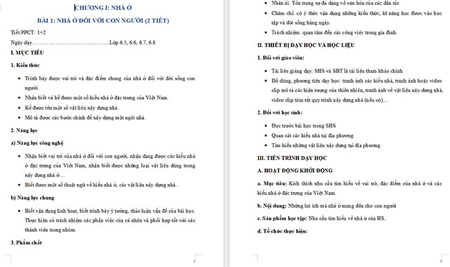 Giáo án Công nghệ 6 Bài 1: Nhà ở đối với con người