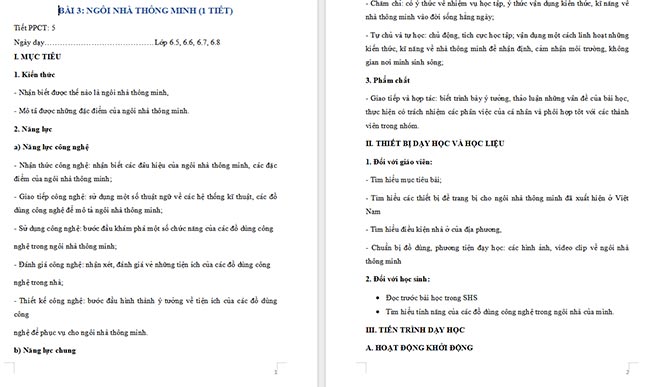 Giáo án Công nghệ 6 Bài 3: Ngôi nhà thông minh