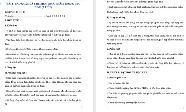 Giáo án Công nghệ 6 Bài 5: Bảo quản và chế biến thực phẩm trong gia đình