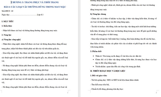Giáo án Công nghệ 6 Bài 6: Các loại vải thường dùng trong may mặc