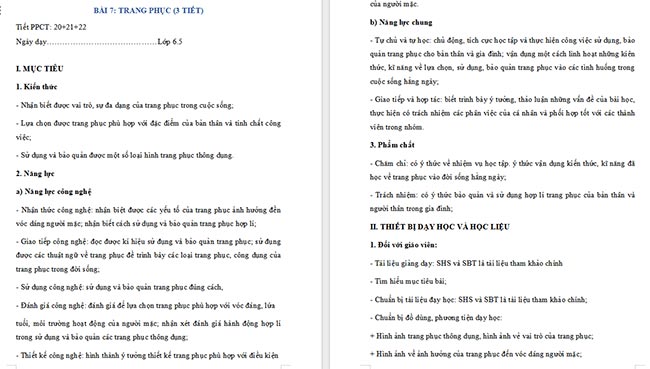 Giáo án Công nghệ 6 Bài 7: Trang phục