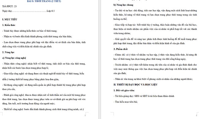 Giáo án Công nghệ 6 Bài 8: Thời trang