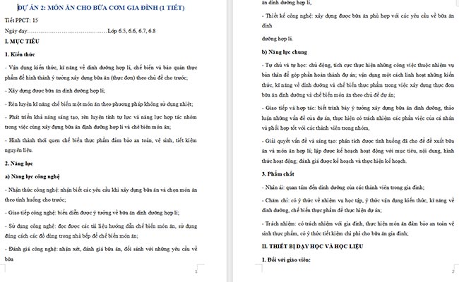 Giáo án Công nghệ 6 Dự án 2: Món ăn cho bữa cơm gia đình