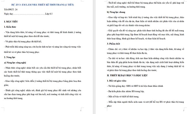 Giáo án Công nghệ 6 Dự án 3: Em làm nhà thiết kế thời trang
