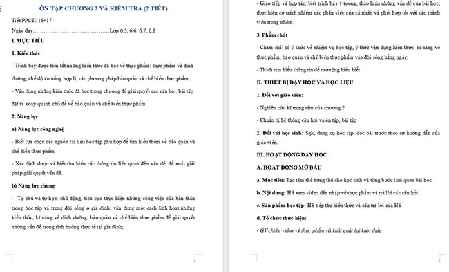 Giáo án Công nghệ 6 Ôn tập Chương 2