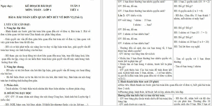 Giáo án Toán 4 Bài toán liên quan đến rút về đơn vị