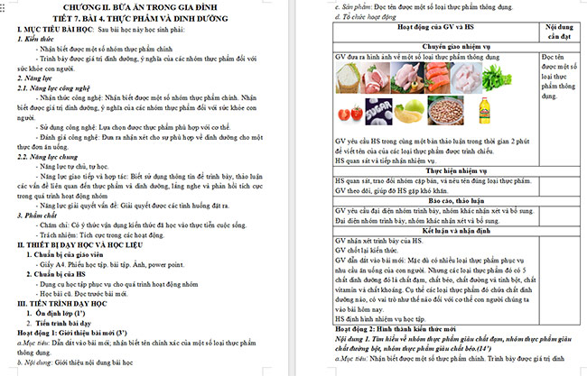 Giáo án Công nghệ 6 Bài 4: Thực phẩm và dinh dưỡng