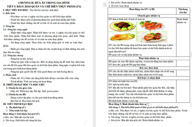 Giáo án Công nghệ 6 Bài 5: Phương pháp bảo quản và chế biến thực phẩm