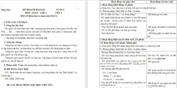 Giáo án Toán 4 Biểu thức có chứa chữ