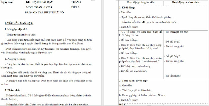 Giáo án Toán 4 Ôn tập biểu thức số