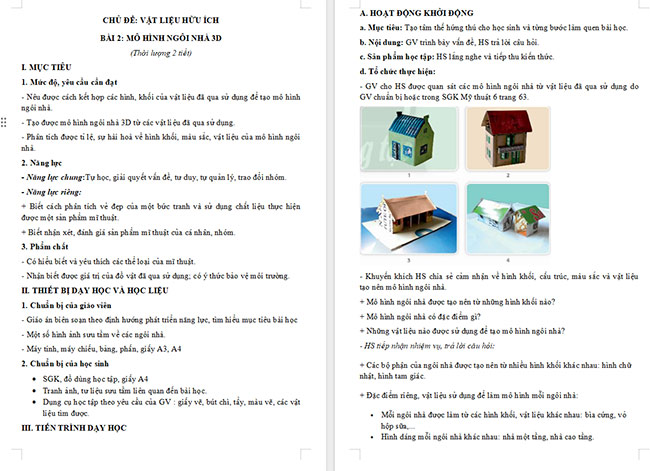 Giáo án Mĩ thuật 6 Mô hình ngôi nhà 3D