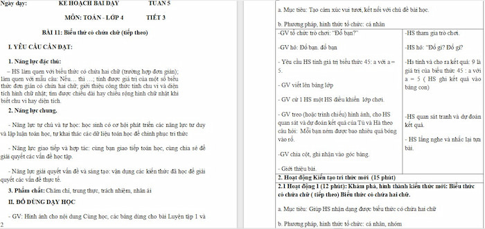 Giáo án Toán 4 Biểu thức có chứa chữ (tiếp theo)
