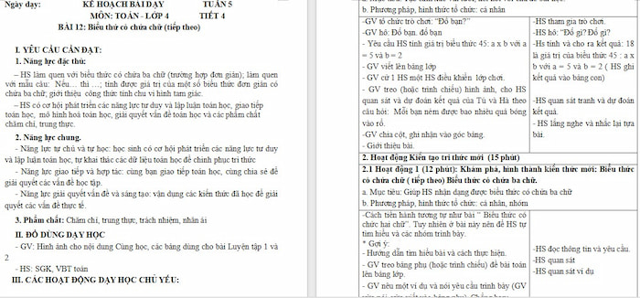 Giáo án Toán 4 Bài 12: Biểu thức có chứa chữ (tiếp theo)