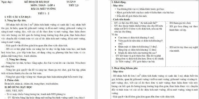 Giáo án Toán 4 Bài 21: Mét vuông