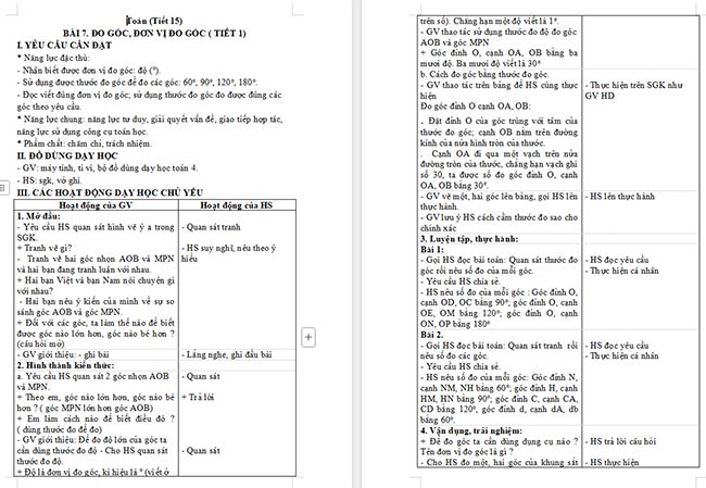 Giáo án Toán 4 Đo góc, đơn vị đo góc