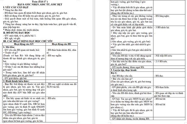 Giáo án Toán 4 Góc nhọn, góc tù, góc bẹt