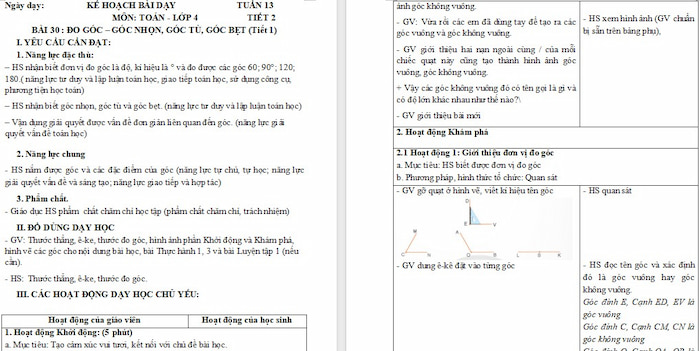 Giáo án Toán 4 Bài 30: Đo góc – Góc nhọn, góc tù, góc bẹt