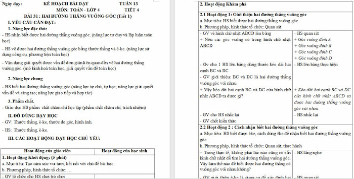 Giáo án Toán 4 Bài 31: Hai đường thẳng vuông góc