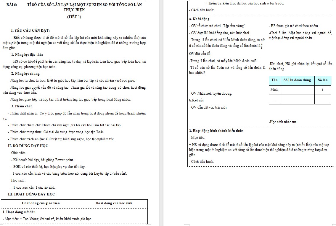 Giáo án Toán 5 CTST Bài Tỉ số của số lần lặp lại một sự kiện so với tổng số lần thực hiện trang 20