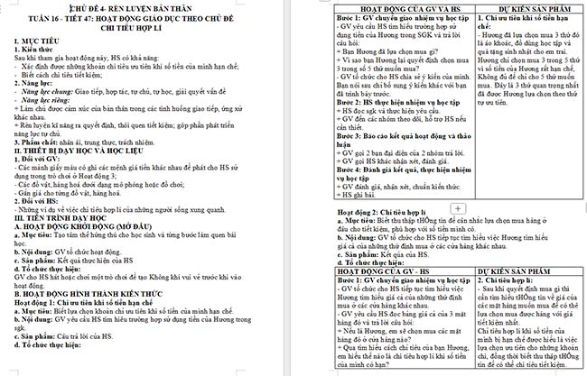 Giáo án Hoạt động trải nghiệm 6: Chi tiêu hợp lí