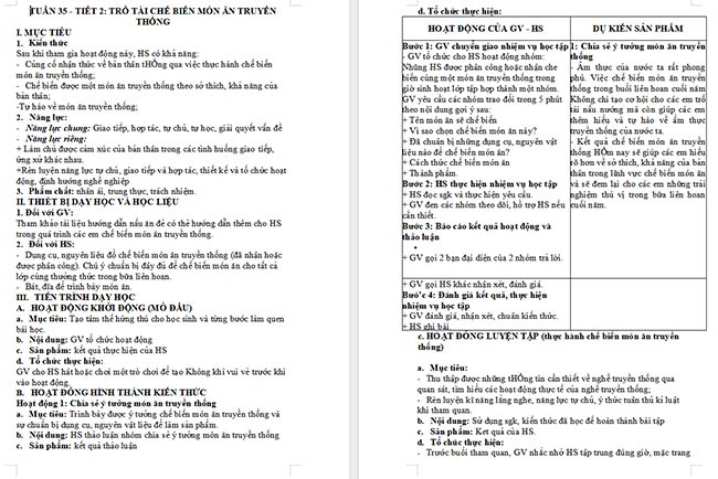 Giáo án Hoạt động trải nghiệm 6: Trổ tài chế biến món ăn truyền thống