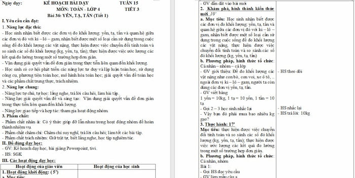 Giáo án Toán 4 Bài 36: Yến, tạ, tấn