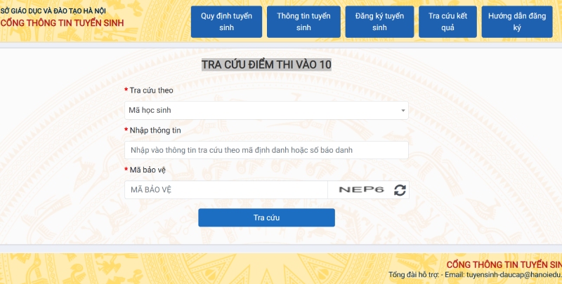Giao diện tra cứu điểm thi tuyển sinh lớp 10