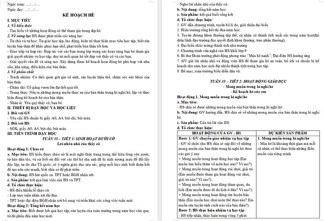 Giáo án HĐTN 6: Kế hoạch hè