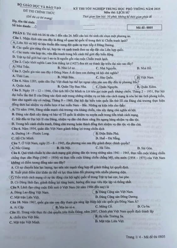 Đề thi Sử 2025