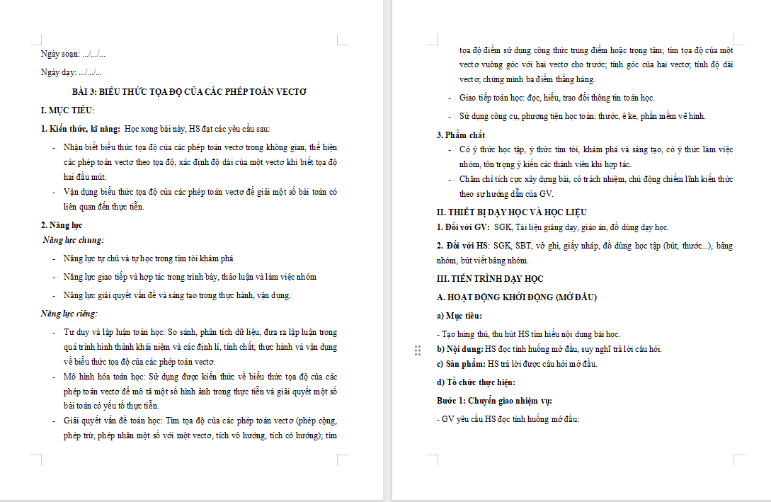 Biểu thức toạ độ của các phép toán vectơ