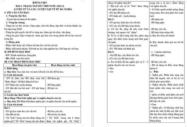 Giáo án Tiếng Việt 5 Luyện tập về từ đa nghĩa